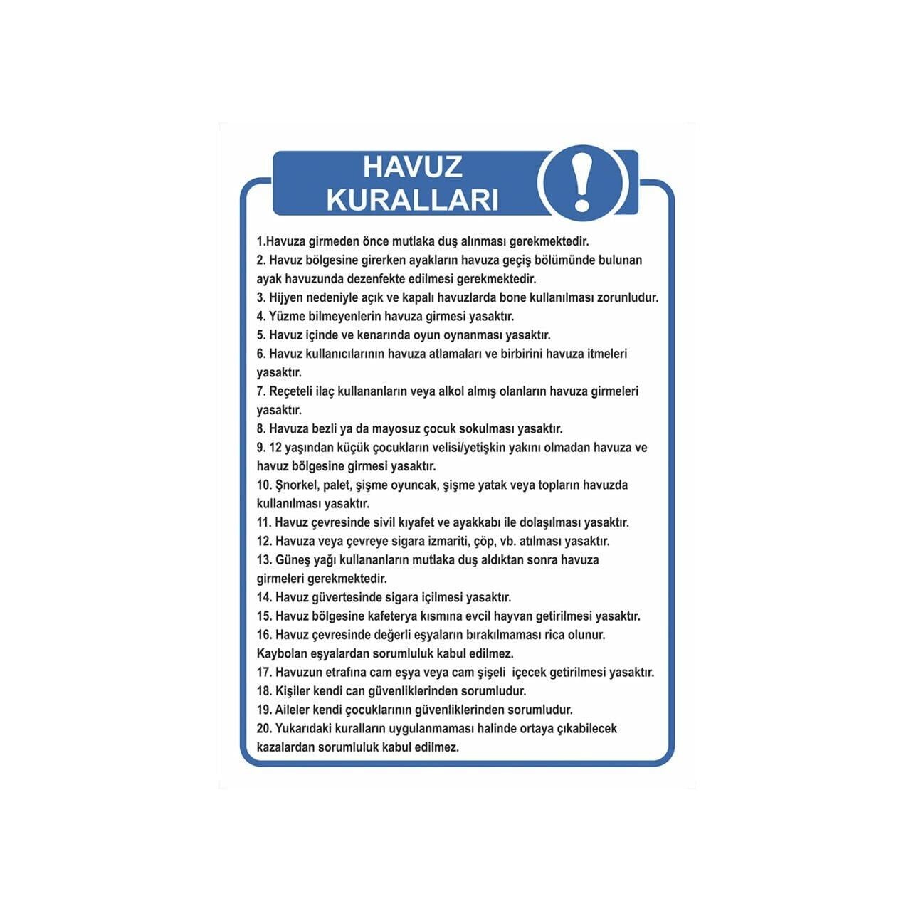 Havuz Kuralları Levhası | Havuz Güvenlik Kuralları Tabelası