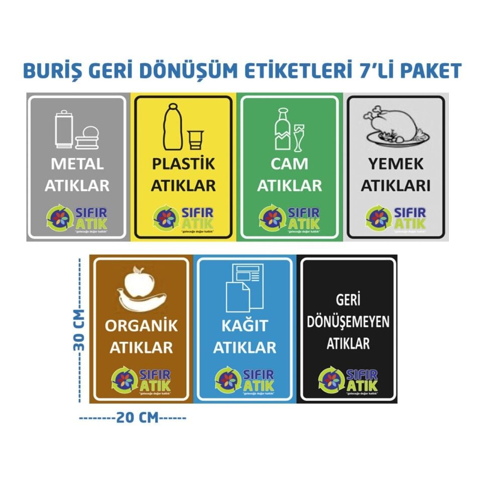 Buriş Geri Dönüşüm Kutusu Sticker Etiketleri Set-2 20x30 cm 7li Paket