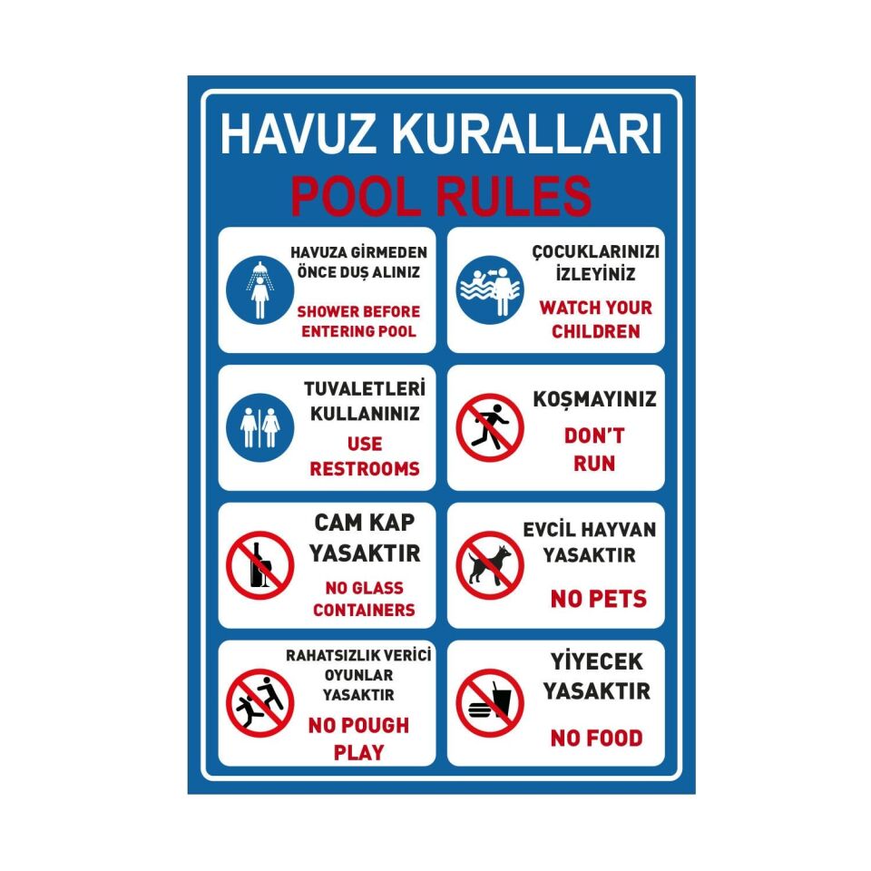 Havuz Uyarı Kuralları Pool Rules 2 Levhası