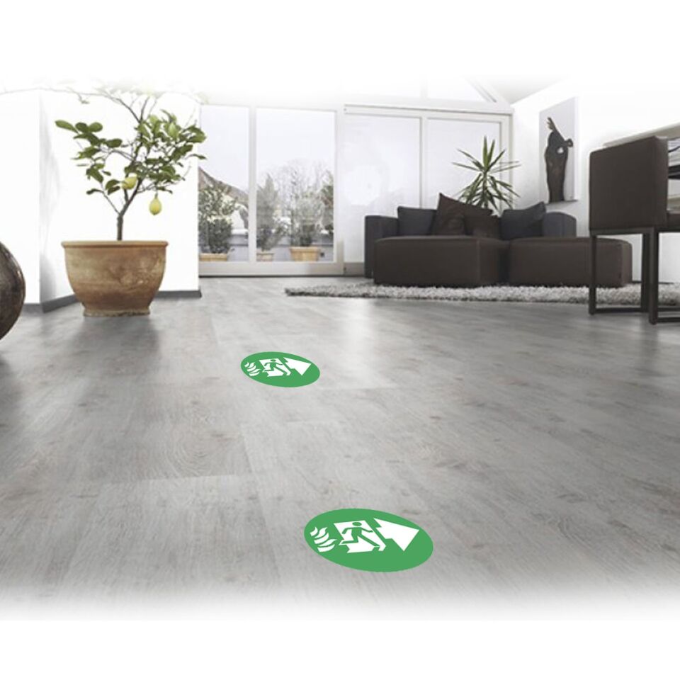 Acil Yangın Çıkışı Sol Yön Zemin Sticker Etiketi 30x30 Laminasyonlu