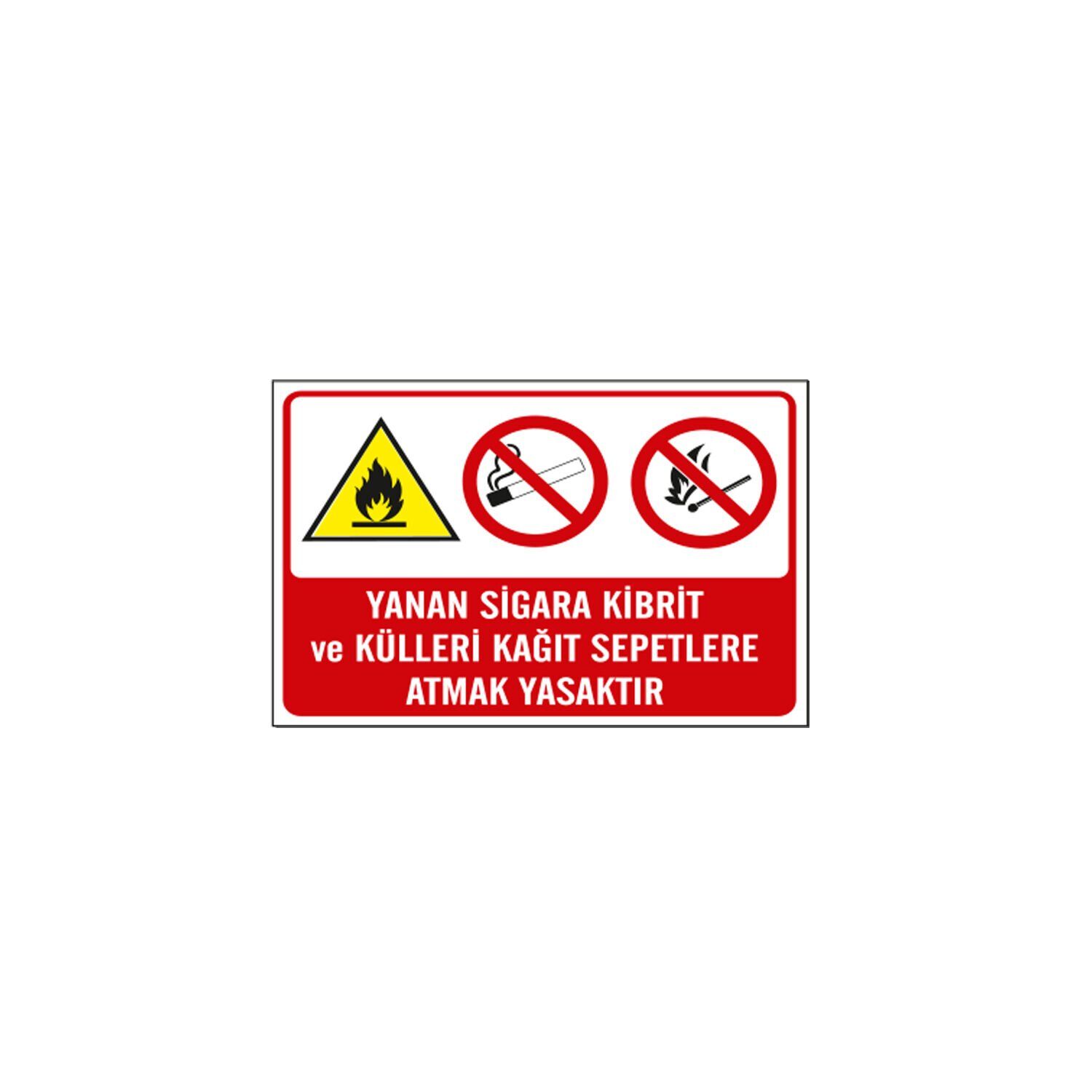 Yanan Sigara Kibrit ve Külleri Kağıt Sepetlere Atmak Yasaktır Levhası